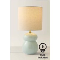 ValueLights Kendal Natural Linen Drum Shade Glaze Ceramic Table Lamp with LED Bulb in Pale Blue