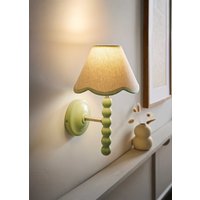 ValueLights Bobbins Sage Green Bobble Wall Light & Linen Pastel Trim Lamp Shade in Pale Green