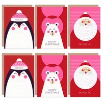 Artery8 Cute Christmas Penguin Polar Bear Santa Greeting Cards With Envelopes Pack of 6 in Red
