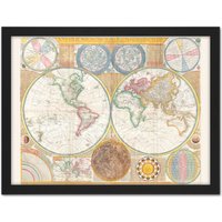 Artery8 Wall Art Print Dunn Map 1794 World Solar Double Hemisphere Large Framed Wall Décor Art in Brown | Size: W18" x H24"