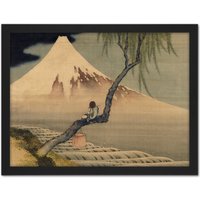 Artery8 Wall Art Print Hokusai Boy Viewing Mount Fuji Large Framed Wall Décor Art in White | Size: W18" x H24"