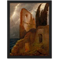 Artery8 Wall Art Print Bocklin Ruin By The Sea Large Framed Wall Décor Art in Light Oak | Size: W18" x H24"
