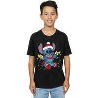 Disney Boy's Lilo & Stitch Christmas Lights T-Shirt in Black | Size: 9 Years