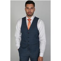 Paul Andrew Men's Viceroy Prince of Wales Check Waistcoat in Blue | Size: 34R