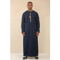 Thobez Men's Thobe Emirati Omani Jubba Islamic Clothing Muslim Kaftan Eid Robe Arab Gold Tassel Embroidery in Navy | Size: 52R