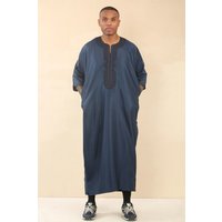 Thobez Men's Moroccan Thobe Gandoura Short Sleeve Jubba Islamic Clothing Kaftan Eid Robe Arab Embroidery in Navy | Size: 56R