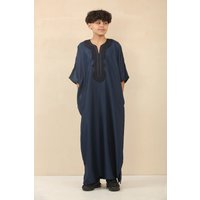 Thobez Boy's Moroccan Thobe Gandoura Short Sleeve Jubba Islamic Clothing Kaftan Eid Robe Arab in Navy | Size: 4-5 Years