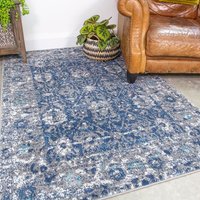 Navy Blue Grey Floral Traditional Bordered Rug cm x 240 cm