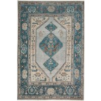 Teal Distressed Bordered Medallion Non Slip Washable Low Pile Rug cm x 290 cm