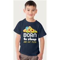 Care Bears Bedtime Bear Born To Sleep & Eat Pizza White Text T-Shirt in Navy | Size: 12-13 Years