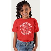 Stranger Things Hawkins Tigers Paws White Logo T-Shirt in Red | Size: 9-11 Years