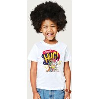 Boy Girl Dog Cat Mouse Cheese Group Hug T-Shirt in White | Size: 5-6 Years