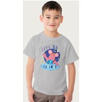 Clangers Small Clanger Let's Go Explore Retro T-Shirt in Mid Grey | Size: 9-11 Years