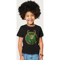 Loki Gold Horns Helmet Logo Marvel T-Shirt in Black | Size: 9-11 Years