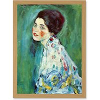 Artery8 Gustav Klimt Portrait Of A Lady Japonism Green Home Painting A4 Artwork Framed Wall Art Print in Light Oak