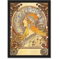 Artery8 Alphonse Mucha Zodiac 1896 Art Nouveau Orange Gold Painting A4 Artwork Framed Wall Art Print in Black
