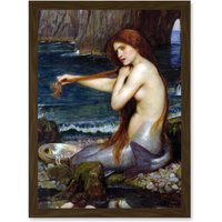 Artery8 John William Waterhouse Mermaid Bathing Water Bathroom Painting A4 Artwork Framed Wall Art Print in Brown