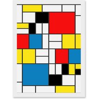 Artery8 Mondrian Abstract Cubes Squares Red Yellow Blue A4 Artwork Framed Wall Art Print in White