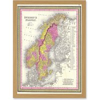 Artery8 1850 Mitchell Map Sweden & Norway Vintage A4 Artwork Framed Wall Art Print in Light Oak