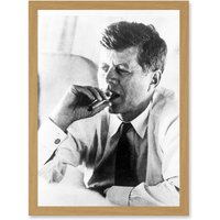 Artery8 JFK John F Kennedy Smoking Cigar US President Picture A4 Artwork Framed Wall Art Print in Light Oak