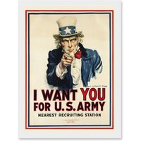 Artery8 World War WW2 USA Uncle Sam We Want You Army Iconic A4 Artwork Framed Wall Art Print in White