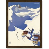 Artery8 Travel Winter Sport Snow Ski Chalet Alps Austria Blue White A4 Artwork Framed Wall Art Print in Brown