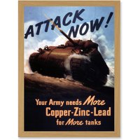 Artery8 World War WW2 USA Attack Tank Metal Copper Zinc Lead A4 Artwork Framed Wall Art Print in Light Oak