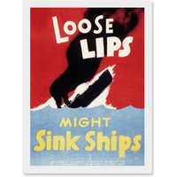 Artery8 War World WW2 USA Loose Lips Sink Ships A4 Artwork Framed Wall Art Print in White