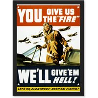 Artery8 War World WW2 USA Pilot Fighter Advert Jet Plane Give Em Hell A4 Artwork Framed Wall Art Print in Black