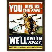 Artery8 War World WW2 USA Pilot Fighter Advert Jet Plane Give Em Hell A4 Artwork Framed Wall Art Print in Brown