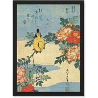 Artery8 Painting Japan Yellow Bird Flowers Floral Vintage A4 Artwork Framed Wall Art Print in Black