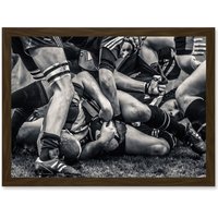 Artery8 B&W Rugby Match Close Up Scrum Teams HDR A4 Artwork Framed Wall Art Print in Brown