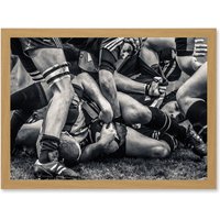 Artery8 B&W Rugby Match Close Up Scrum Teams HDR A4 Artwork Framed Wall Art Print in Light Oak