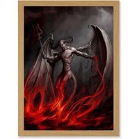 Artery8 Painting Devil Demon Fire Chain Trident Wings Horns Monster A4 Artwork Framed Wall Art Print in Light Oak