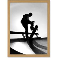 Artery8 Photography Sport Skateboarding Skater Silhouette A4 Artwork Framed Wall Art Print in Light Oak