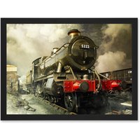 Artery8 Steam Train Vintage Colour Red Green Vintage A4 Artwork Framed Wall Art Print in Black