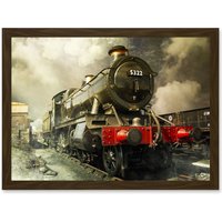 Artery8 Steam Train Vintage Colour Red Green Vintage A4 Artwork Framed Wall Art Print in Brown