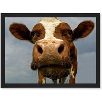 Artery8 Funny Cow Farm Animal Close Up A4 Artwork Framed Wall Art Print in Black