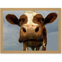Artery8 Funny Cow Farm Animal Close Up A4 Artwork Framed Wall Art Print in Light Oak