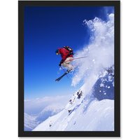 Artery8 Skier Ski Jumping Snow Sport Sky A4 Artwork Framed Wall Art Print in Black