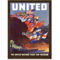 Artery8 WW2 World War Allies United Nations Fight Freedom Vintage A4 Artwork Framed Wall Art Print in Brown