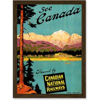 Artery8 Canada Rail Train Lake Mountain Scenic Tree Pine Advert A4 Artwork Framed Wall Art Print in Brown