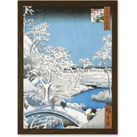 Artery8 Japan Woodblock Winter Snow Scene Bridge Over River A4 Artwork Framed Wall Art Print in Brown