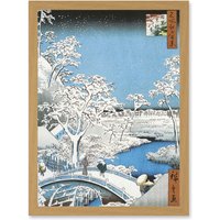 Artery8 Japan Woodblock Winter Snow Scene Bridge Over River A4 Artwork Framed Wall Art Print in Light Oak