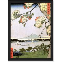 Artery8 Painting Japan Woodblock Cherry Blossom Landscape A4 Artwork Framed Wall Art Print in Black