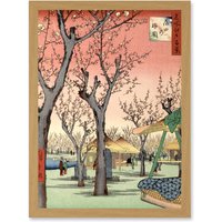 Artery8 Japan Woodblock Cherry Blossom Tree Park A4 Artwork Framed Wall Art Print in Light Oak