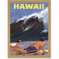 Artery8 Travel Tourism Hawaii USA Surf Ocean Wave A4 Artwork Framed Wall Art Print in Light Oak