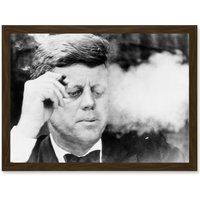 Artery8 Photo JFK John F Kennedy Smoking Cigar US President Picture A4 Artwork Framed Wall Art Print in Brown