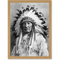 Artery8 Native American Dian Mountain Chief A4 Artwork Framed Wall Art Print in Light Oak