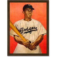 Artery8 Portrait Jackie Robinson Baseball Brooklyn Dodgers A4 Artwork Framed Wall Art Print in Brown